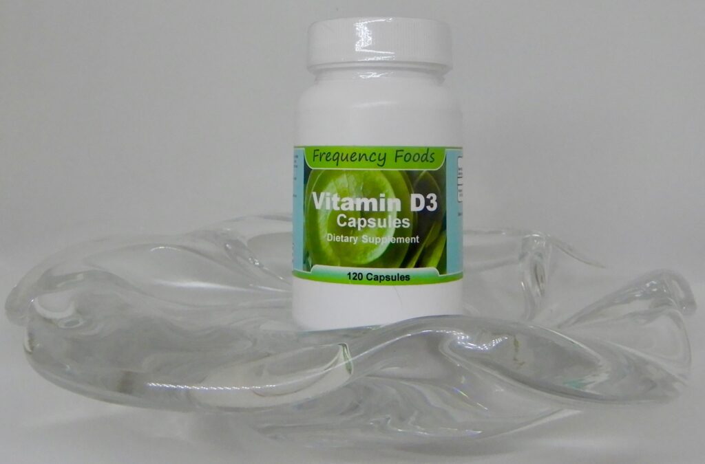 A bottle of Frequency Foods Vitamin D3 capsules